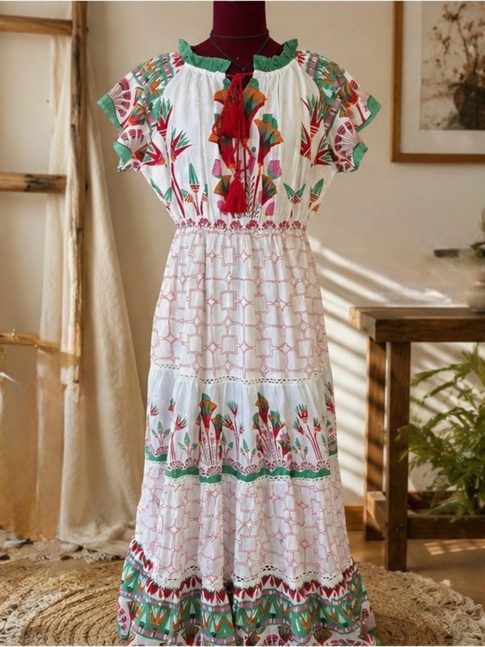 POL Hand Block Printed Cotton Tiered Midi Dress | Medium | Flutter Sleeve NWT - Picture 5 of 9